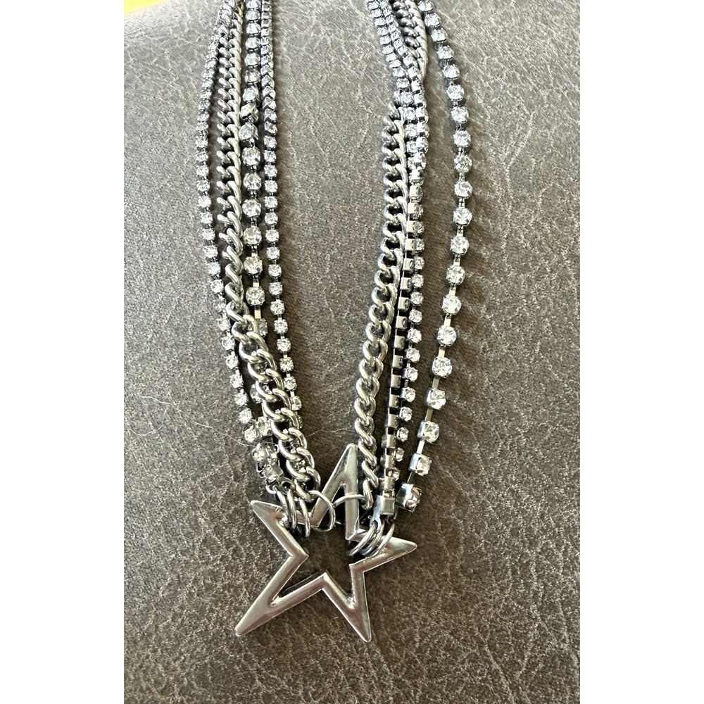 Multi Strand Silver Tone Chain Necklace w/ Rhinestone Accents and Star Pendant